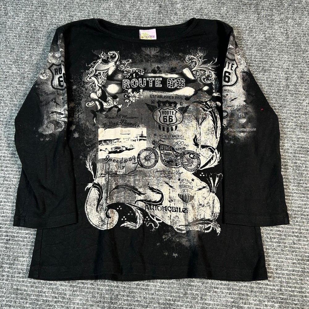 Mykonos Route 66 Graphic Tee Women L Black Excellent 3/4 Sleeve Biker Grunge